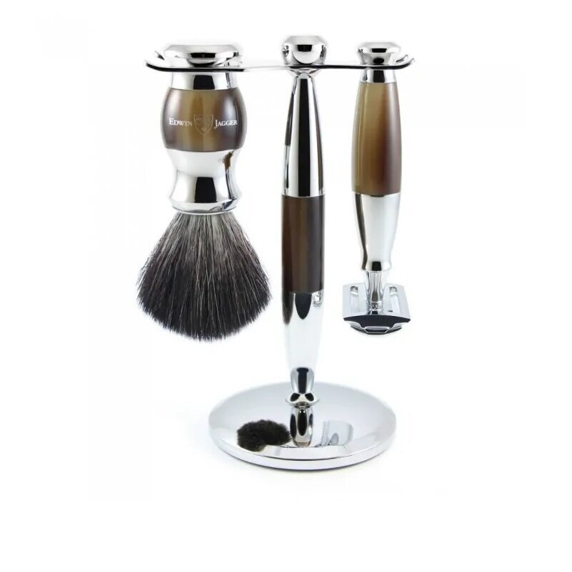 Edwin Jagger Set Safety razor, shaving brush synthetic fibre and stand horn 