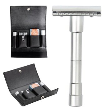 Merkur TRAVEL RAZOR 46C, HANDLE ALUMATT IN BLACK LEATHER CASE WITH A PACK OF BLADES