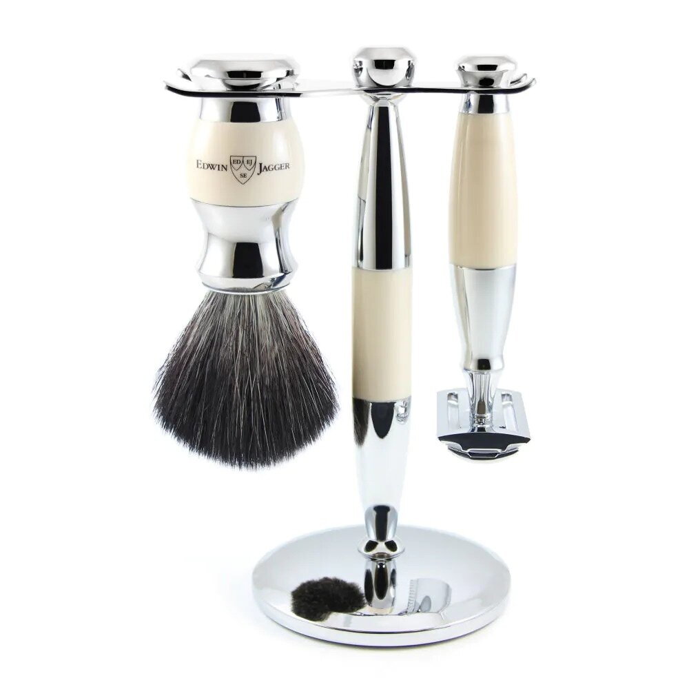 Edwin Jagger Set Safety razor, shaving brush synthetic fibre and stand ivory 